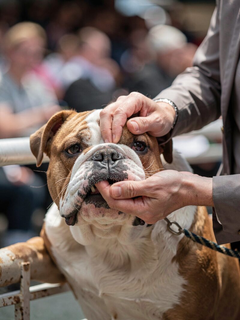 Bulldogs lined along the far rope of a show ring, handlers kneeling beside them, a judge walking the line with a judging program under one arm.