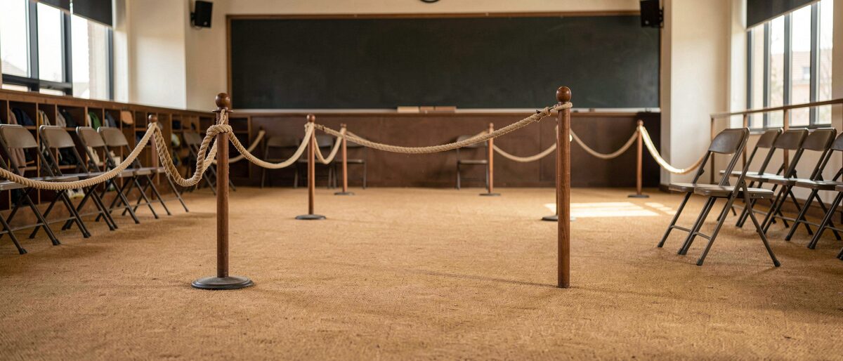 The show hall between classes: the empty ring under the lights, the marked lanes, the folding chairs along the ropes