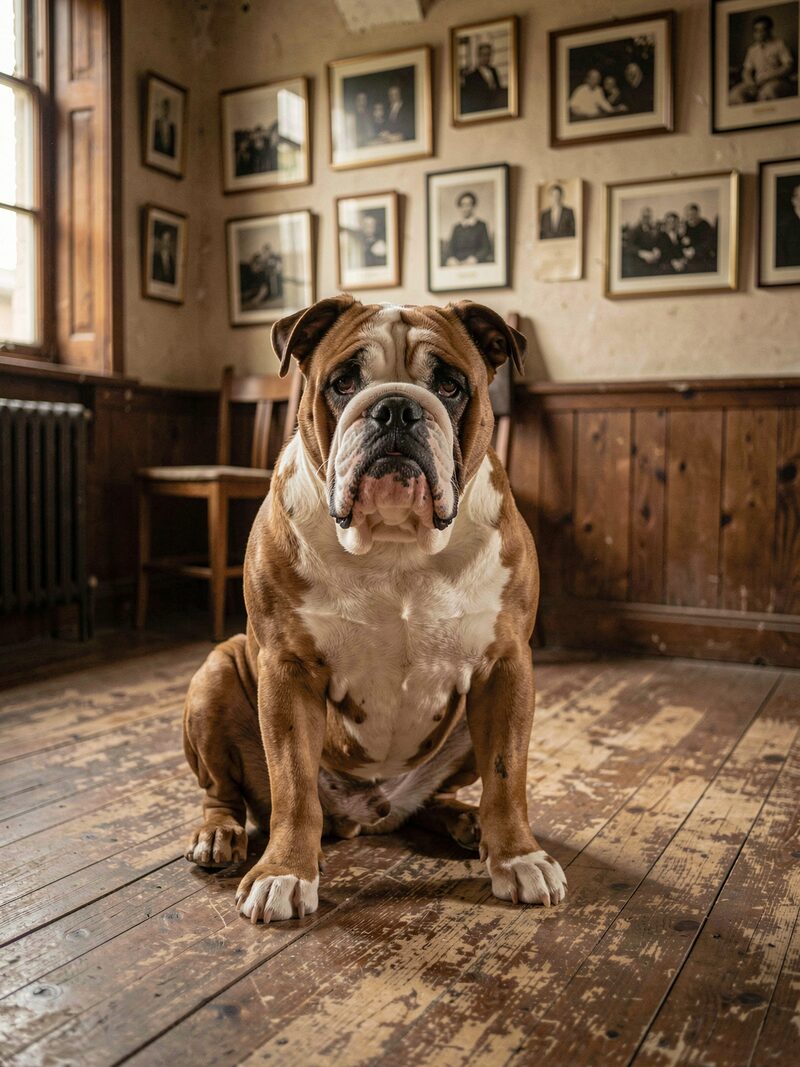 A framed nineteenth-century engraving of a leaner, longer bulldog propped on a vendor's table at a dog show, modern bulldogs visible in the ring behind.